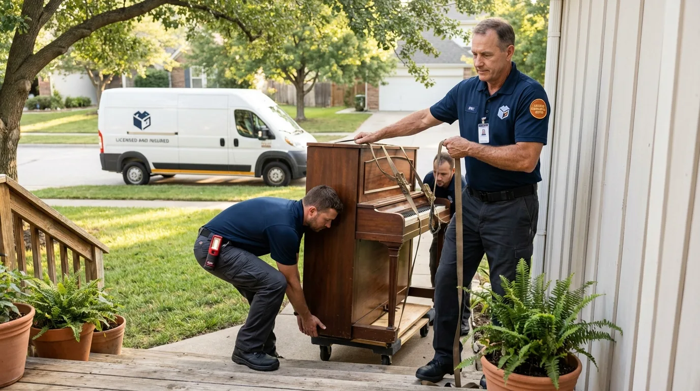 Licensed piano movers securing grand piano in Rolla, MO
