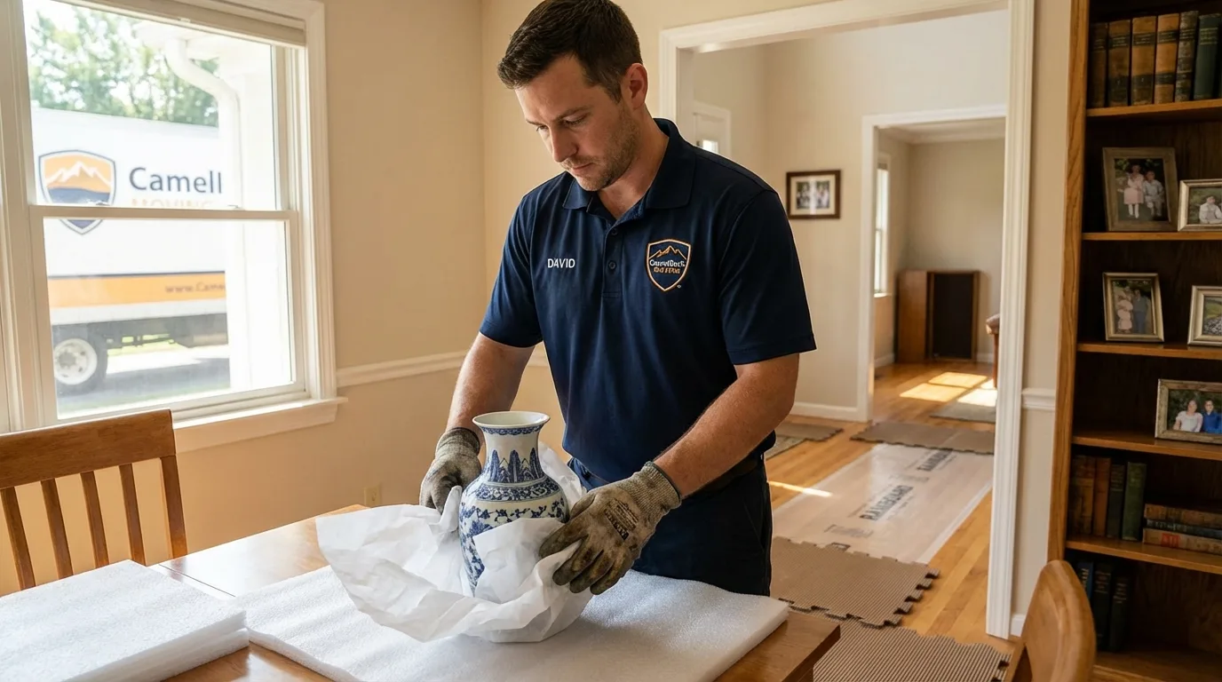 Professional crew carefully wrapping antique vase for senior downsizing move in Rolla, MO